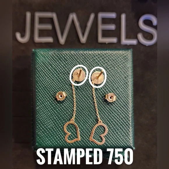 Stud Heart Dangling Earrings 18K Real Saudi Gold - Picture 2 of 3